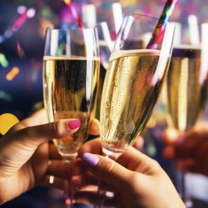 Full champagne glasses clinking together with colorful confetti behind them. The Bistro hosts an annual New Years Eve party as well as a variety of types of parties and events throughout the year.