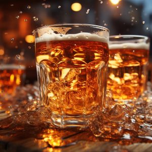 Ice cold beer glasses surrounded by ice cubes. Goodfella's offers a wide selection of imported and domestic beers both on tap and bottled.