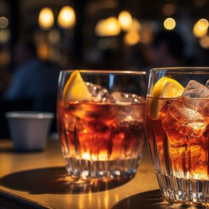 Two glasses of diet cola served with lemon and ice. Goodfella's serves Coca-Cola® products.