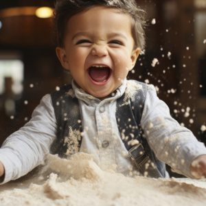 Joyful, smiling little boy playing in flour. Goodfella's hosts make your own pizza parties.