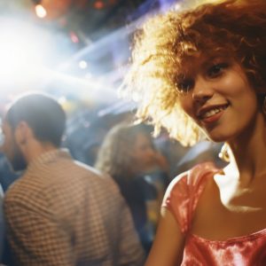 Young African American woman smiling on dance floor. The Bistro hosts a variety of parties and events.