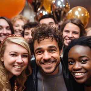 A group of close friends or family grouped together closely posing for a selfie with balloons behind them. The Bistro can host up to 70 of your closest friends and family for a variety of events.