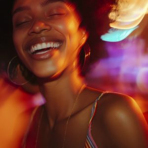Blurry photo of young African American woman smiling and dancing. The Bistro can host up to 70 guests for various parties and events with music and entertainment.