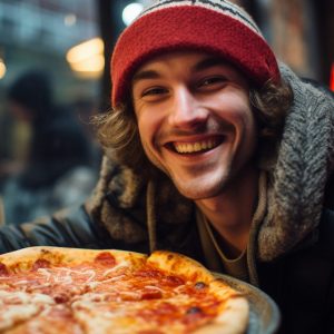 Young happy college or high school student dressed for winter weather enjoying a fresh cheese pizza.
