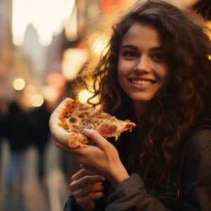 Young brunette woman enjoying a slice of cheese pizza.