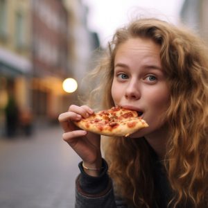 Young reddish blonde curly haired female taking a bite of cheese pizza.